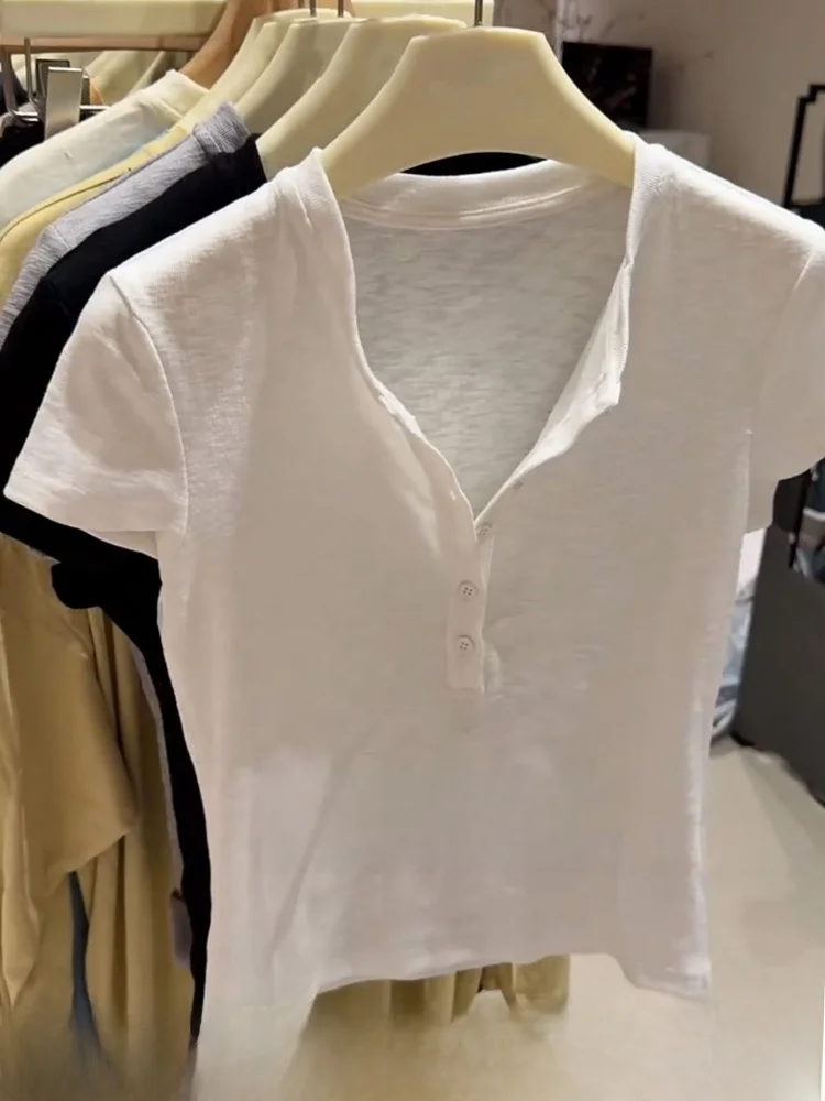 Slim Fit Women's Short Sleeve T-Shirt Henry Collar White Versatile Commute Style High Waist Button Detail V-neck Breathable