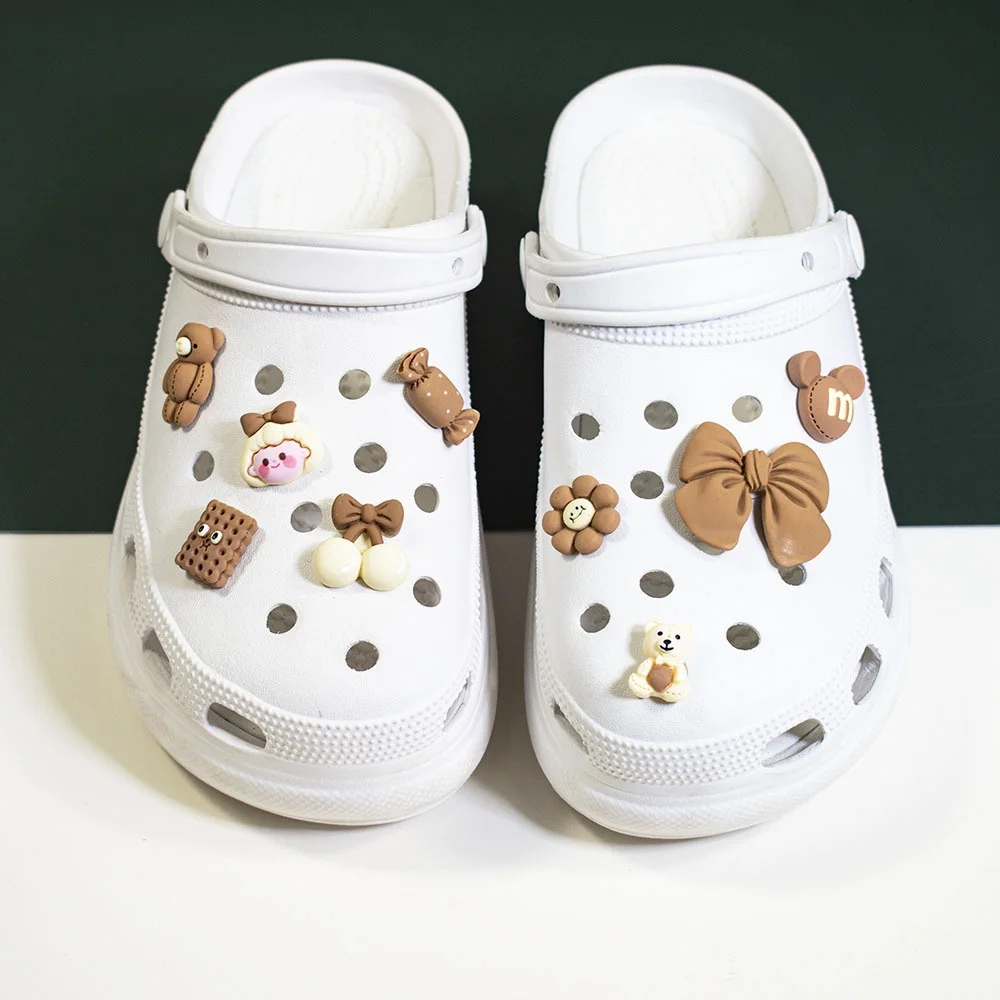 4-10 PCS Clog Shoe Charms Brown Bow Tie Set DIY Shoes Charm Button Decoration Accessories for Christmas Birthday Gift Party