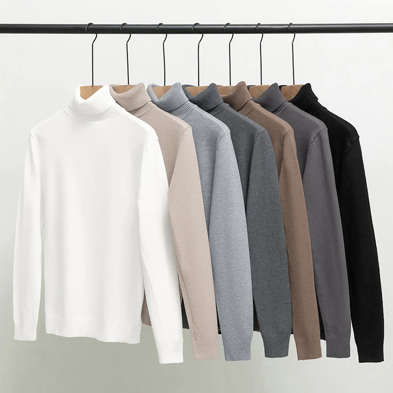 

Мужской вязаный свитер с высоким воротником, теплый, однотонный, белый, базовая одежда, повседневный, дышащий, длинный рукав, осень-зима