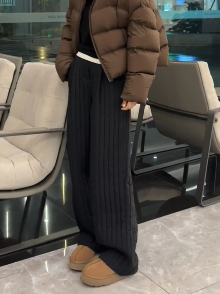 سراويل نسائية كاجوال من القطن ثينيد عالية الخصر فضفاضة مستقيمة الساق ملابس خارجية دافئة شتوية عصرية مقاس كبير