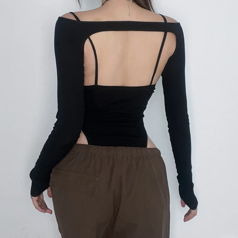 Body ajouré Sexy pour femme, maille putaissure, dos nu, manches longues, col haut, Chic, slim, Clubwear, pana