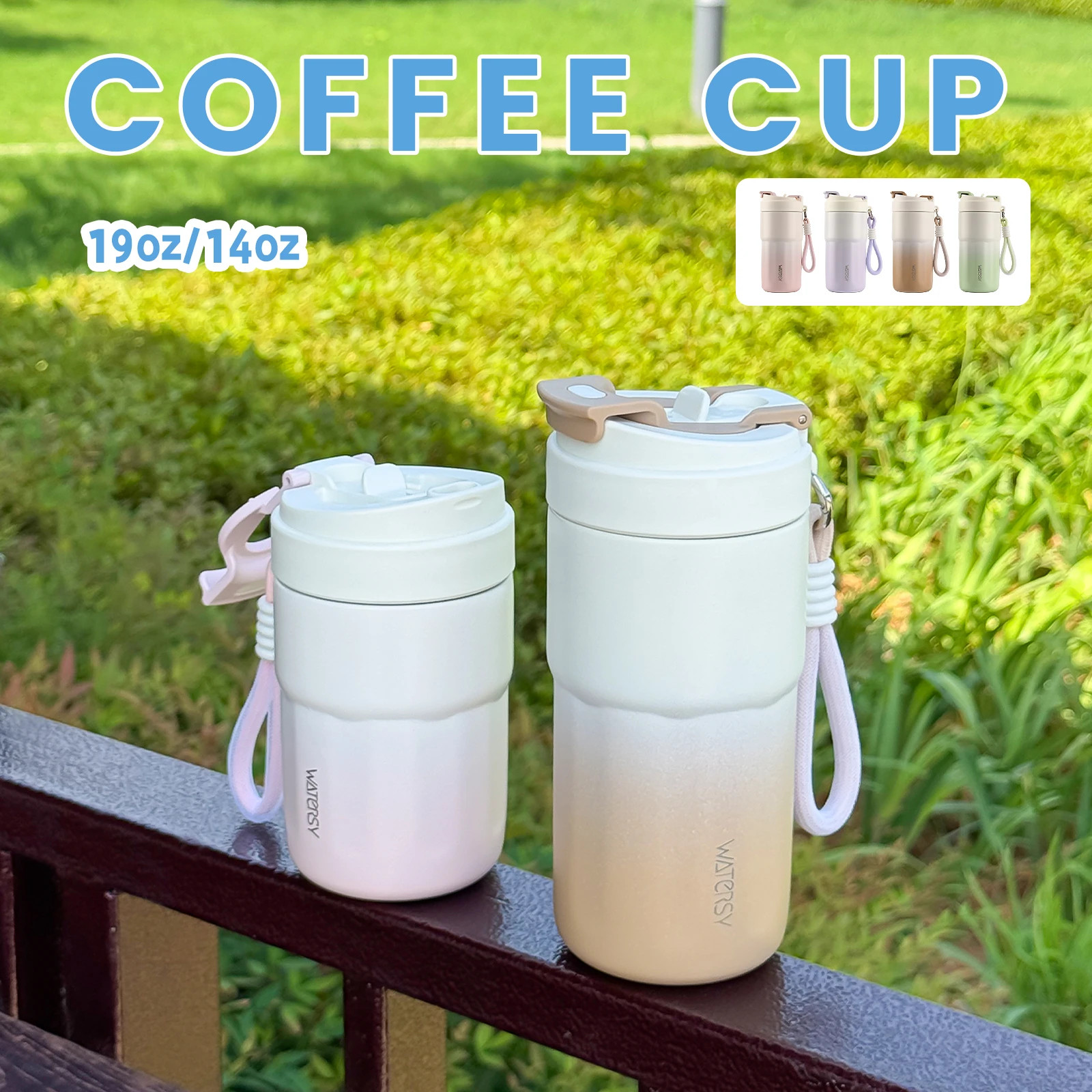 WATERSY 400 ml/550 ml Kaffeebecher, isolierter Becher aus Edelstahl 316 mit Strohhalmdeckel, doppelwandige Isolierflasche als Geschenk zu Hause