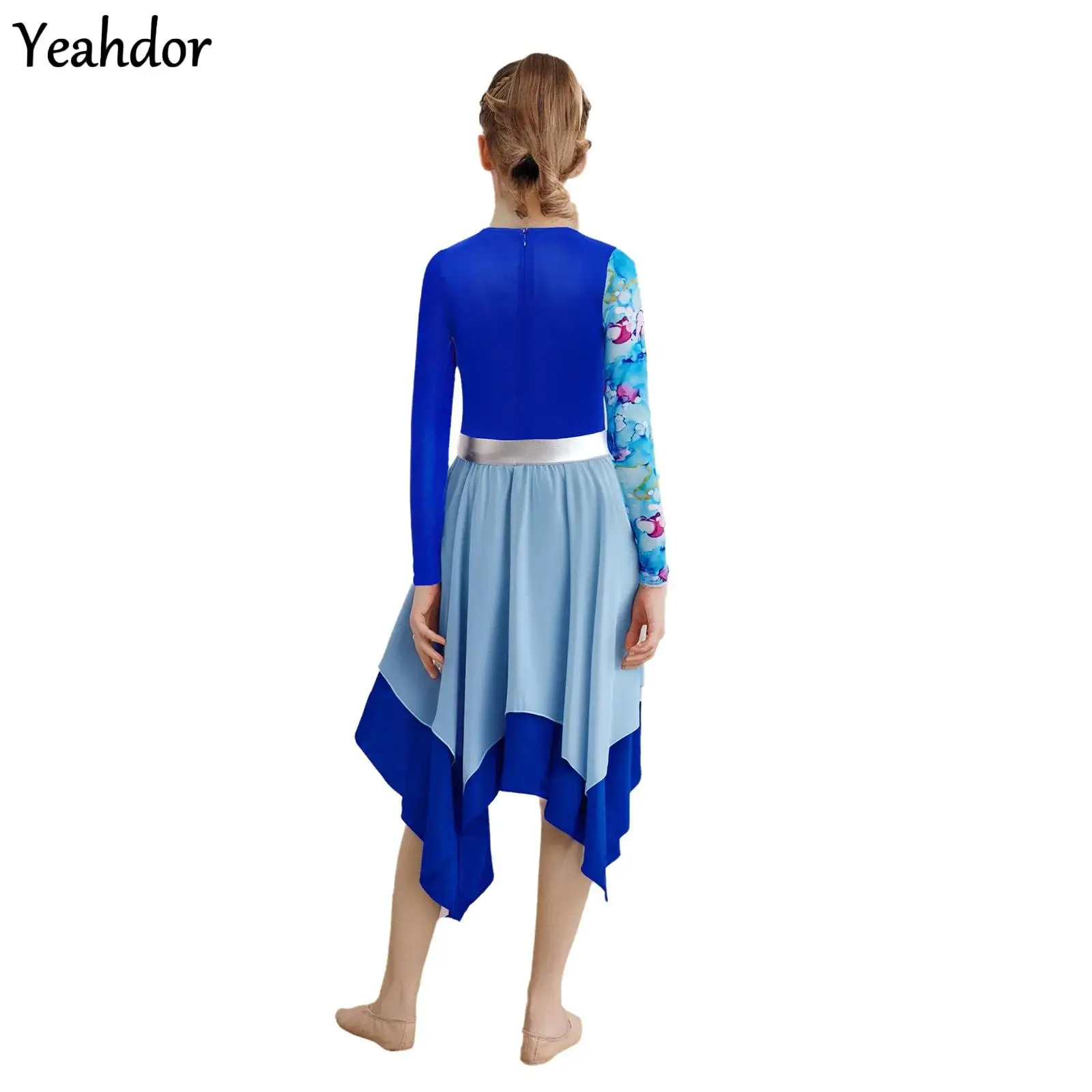 

Girls Liturgical Worship Praise Dance Dress Long Sleeve Metallic Glossy Printed Church Choir Performance Ballet Lyrical Dresses