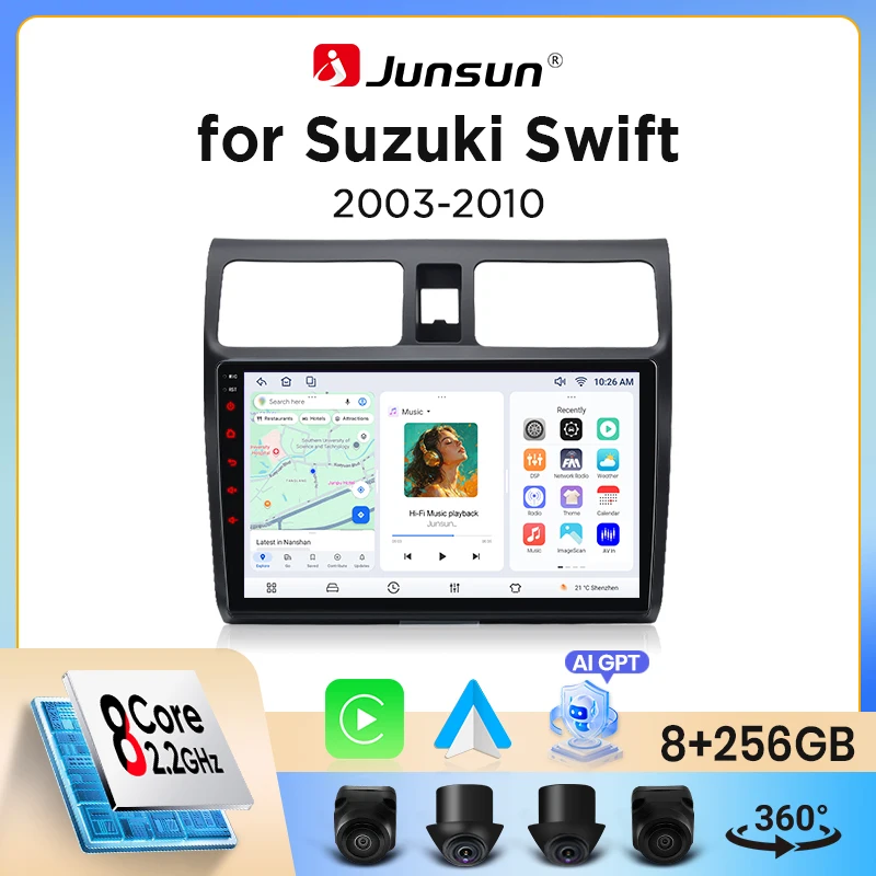 Autoradio sans fil Junsun CarPlay Android Auto pour Suzuki Swift Mk2 (RS) 2004-2010, ventilateur de refroidissement intégré, navigation GPS Android, lecteur multimédia, WiFi, DSP, RDS, BT, SWC, écran
