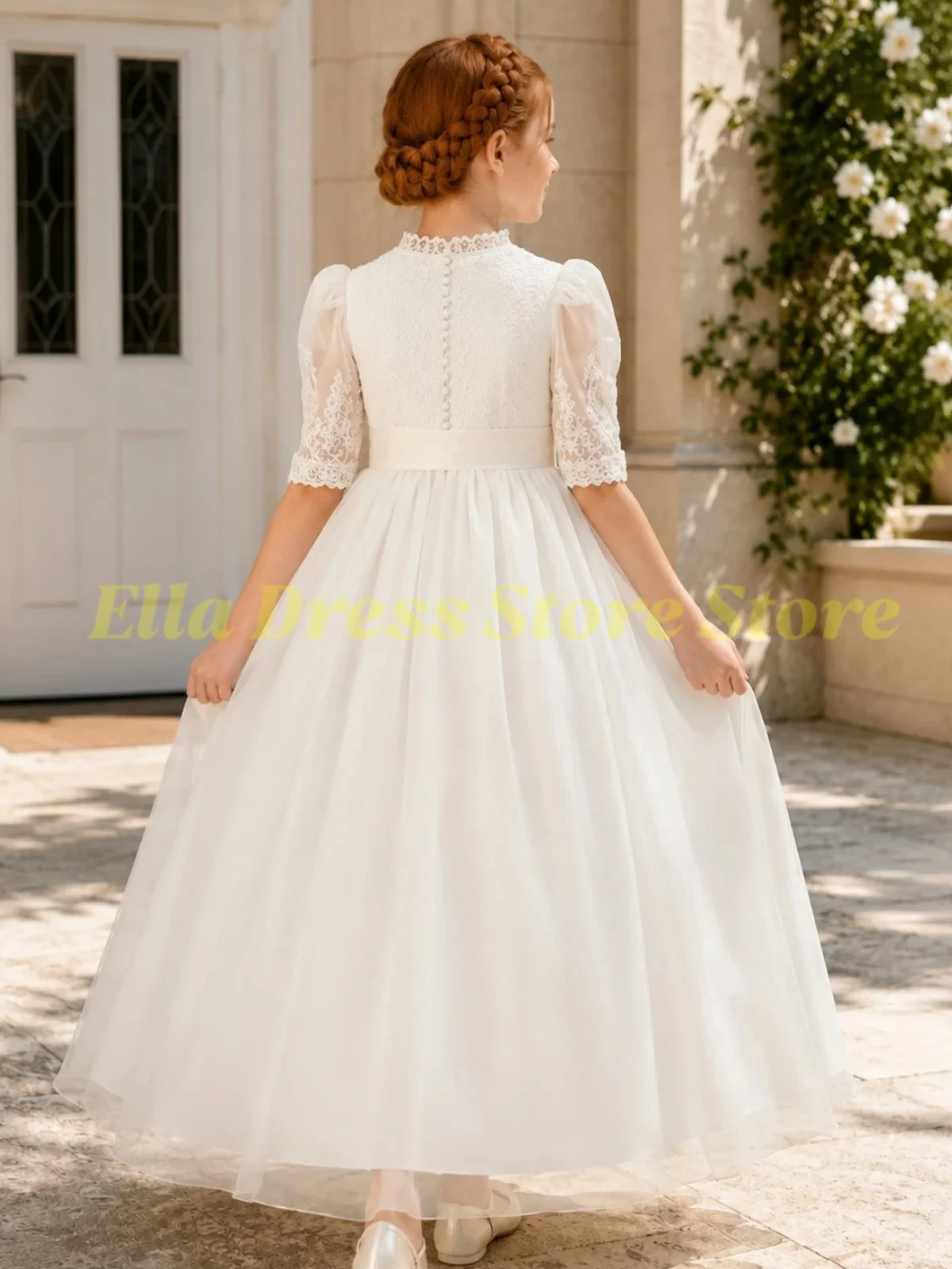Maßgefertigtes Großhandels-Blumenmädchenkleid, Prinzessinnenkleid aus Satin, Rückenfrei, für Hochzeit, Erstkommunion, Party, Festzug – Detail 2