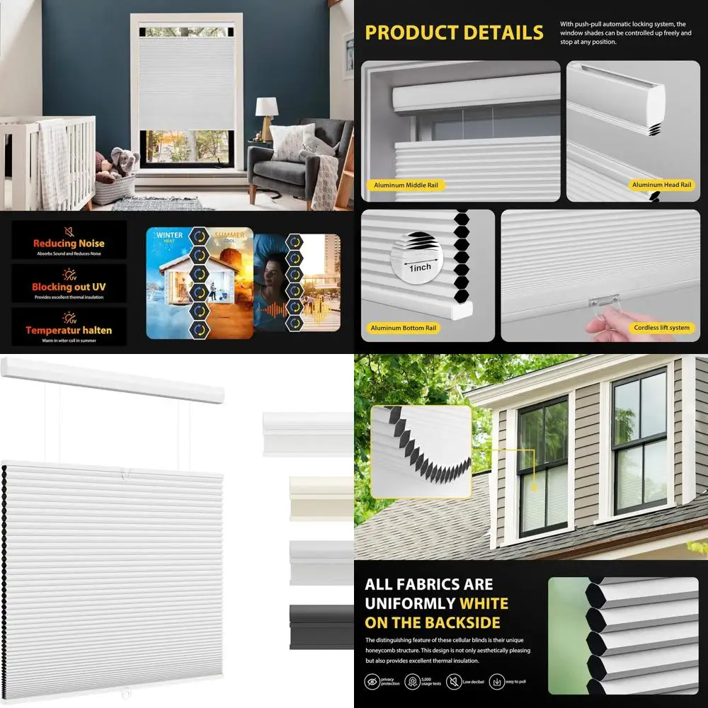 

Cordless Top-Down Bottom-Up Honeycomb Shades, White Blackout, 34W × 64H for Indoor Windows