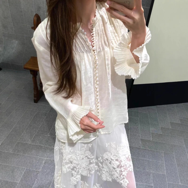 

Осень-зима 2022, новая женская льняная рубашка с длинными рукавами и жемчужными пуговицами, элегантные женские топы