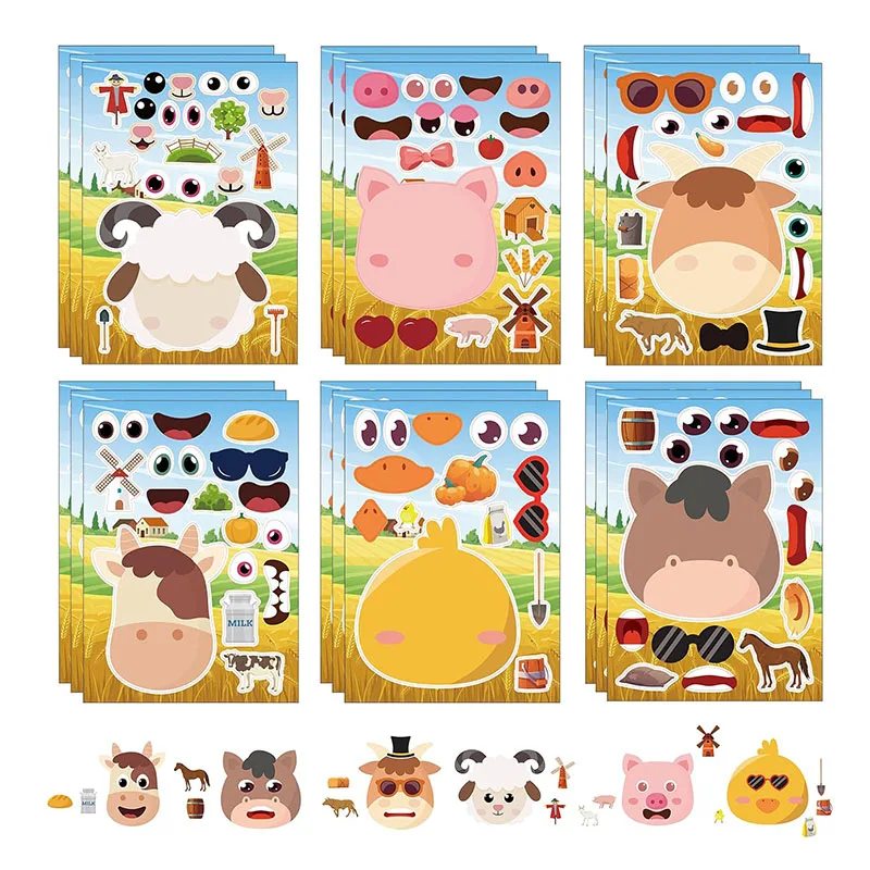 6/24Sheets Farm Animal Make-a-face Kids Stickers DIY Assemble Facial Features Match Stickers Education Toys for Boys Girls Gifts