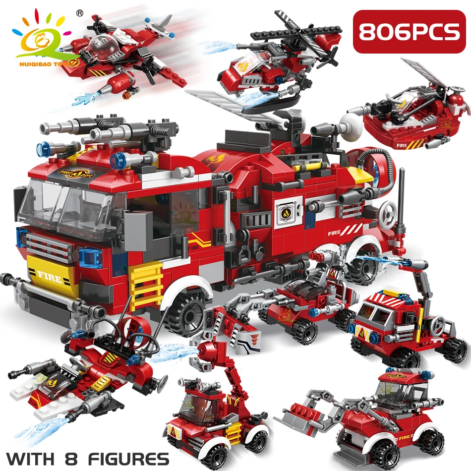 HUIQIBAO 806pcs 8in1 City Fire Truck Model Building Blocks Firefighting Set Fireman Figures Bricks Construction Toy for Children