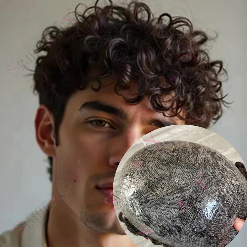 

Men's 25mm 28mm Curly Undetectable Thin Microskin Toupee Natural Hairline Male Curly Black Brown Human Hair Capillary Prosthesi