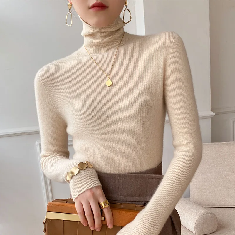 

Women Sweater Autumn Winter Turtleneck Warm Knitwear Pullovers Korean Casual Solid Bottoming Shirt Fashion Slim Brown Sweater