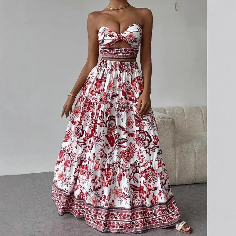 Bedrucktes langes Rock-Set für Damen, Sommer-Faion-Top, T-Shirt-Set, Svel-Pflanze, Blumenmuster, Arbeitskleidung in Erwachsenengröße