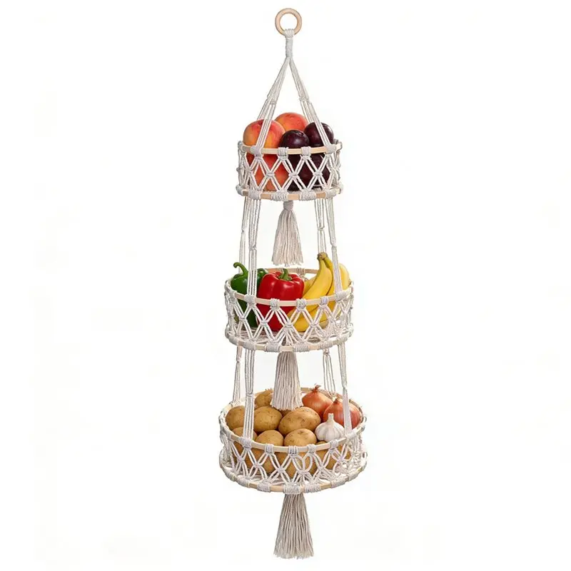 THIVN-Cotton Rope Handwoven Basket Macrame Plant Hanger Produce Storage Organizer Basket