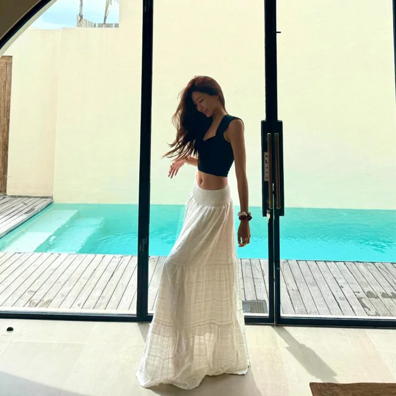 White A-Line Midi Skirt Women's High-Low Waist Loose Fit Versatile Tall Size Half Body Skirt Two-Way Wear Summer Long Skirt
