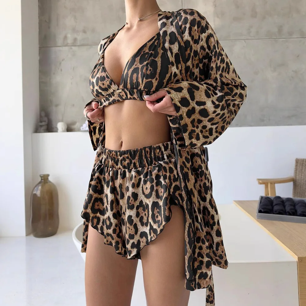 Three Piece Pajama Sets Women Print Leopard Sexy Long Sleeve Cardigan Tank Shorts Suits V Neck Sleepwear Lounge Suit Summer 2026