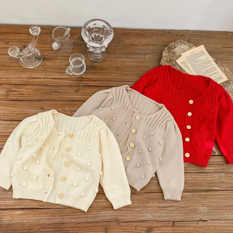 Autumn New Baby Clothing, 0-3 Year Old Girl Handmade Ball Ball Hundred Tower Round Neck Cardigan Cotton Sweater Coat