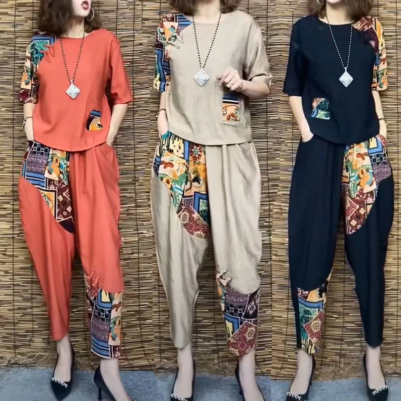 

Women Summer Western Style Sets Short-Sleeved T-Shirt Top Casual Harem Nine-Point Pants Female Cotton And Linen Two-Piece Suit