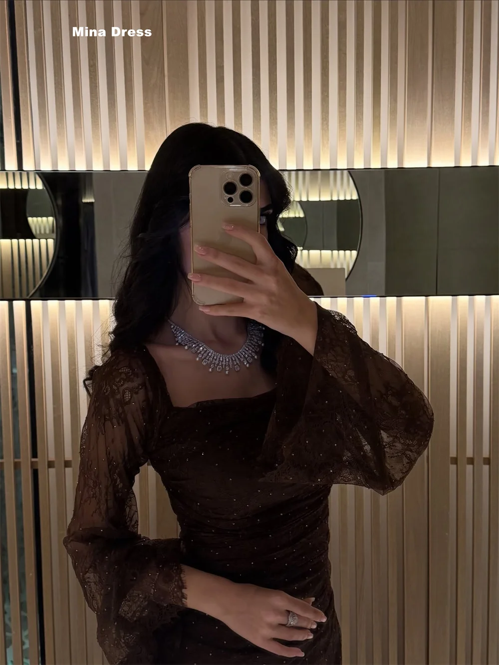 Mina Customized Brown Luxury Women's Elegant Party Dress Lace Embroidered Long Sleeves Square Collar Evening Dresses Brands Prom image 4