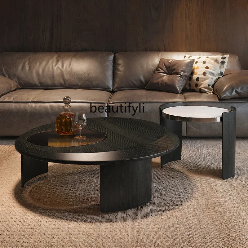 

Retro style round coffee table black oak small apartment living room home low table artistic sense