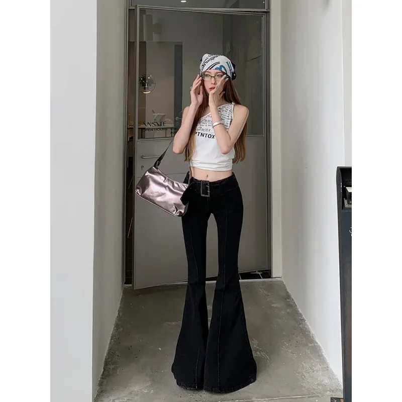 سراويل نسائية يابانية Y2k ملابس الشارع الشهير Harajuku سراويل جرس عصرية من قماش الدنيم سراويل طويلة 2000s جينز متوهج للسيدات