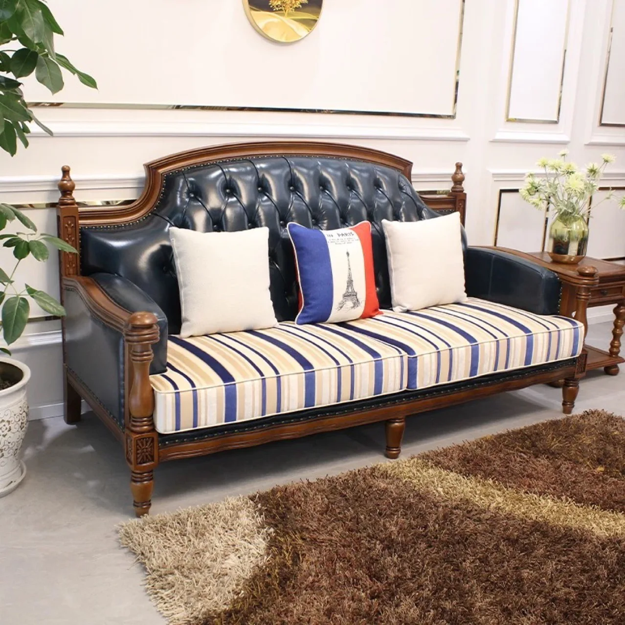 

American solid wood sofa leather first layer cowhide three-person style living room furniture leather sofa first layer cowhide