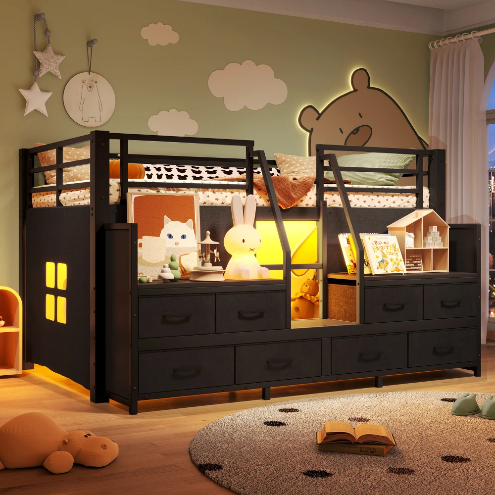 

Двухъярусная кровать Twin Low Loft, с множеством мест для хранения (ящики/полки), металлическая, с подсветкой, независимые отсеки под кроватью, без пружинного блока, черная.
