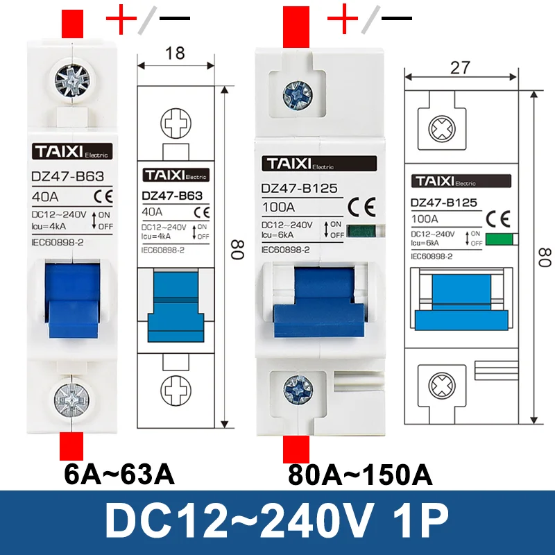 DC 12V 24V 48V 36V 72V MCB Battery Car Protector Mini Circuit Breaker DZ47 Positive And Negative Pole Protection Switch Isolator