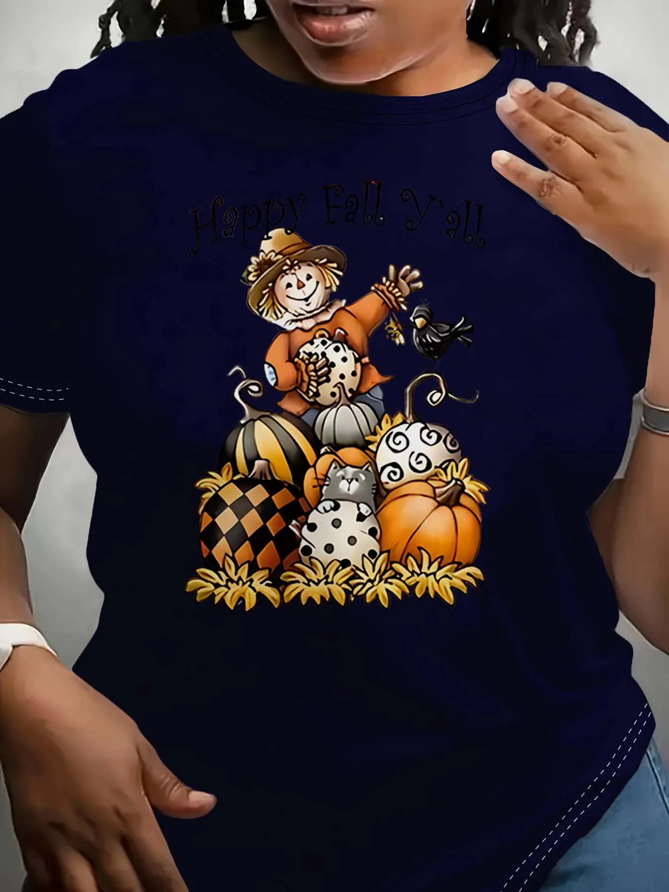 Pakaian Modis Bertema Happy Fall Yall Orang-orangan Sawah Labu Dan Hewan Peliharaan