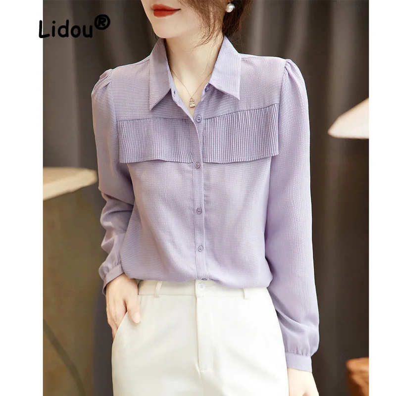 Fashion Solid Color Anti-wrinkle Single-breasted Blouse Women Classic Long Sleeve Polo Collar Korean Office All-match Lady Shirt