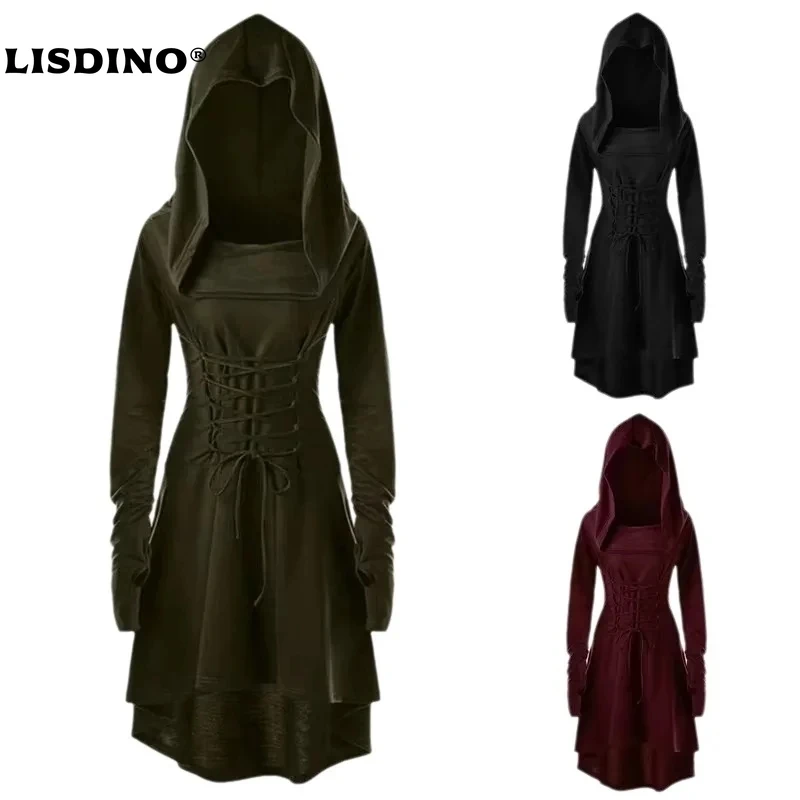 

1Medieval Cosplay Renaissance Archer Costumes Hooded Robe Lace Up Pullover Long Hoodie Dress Cloak Halloween Party