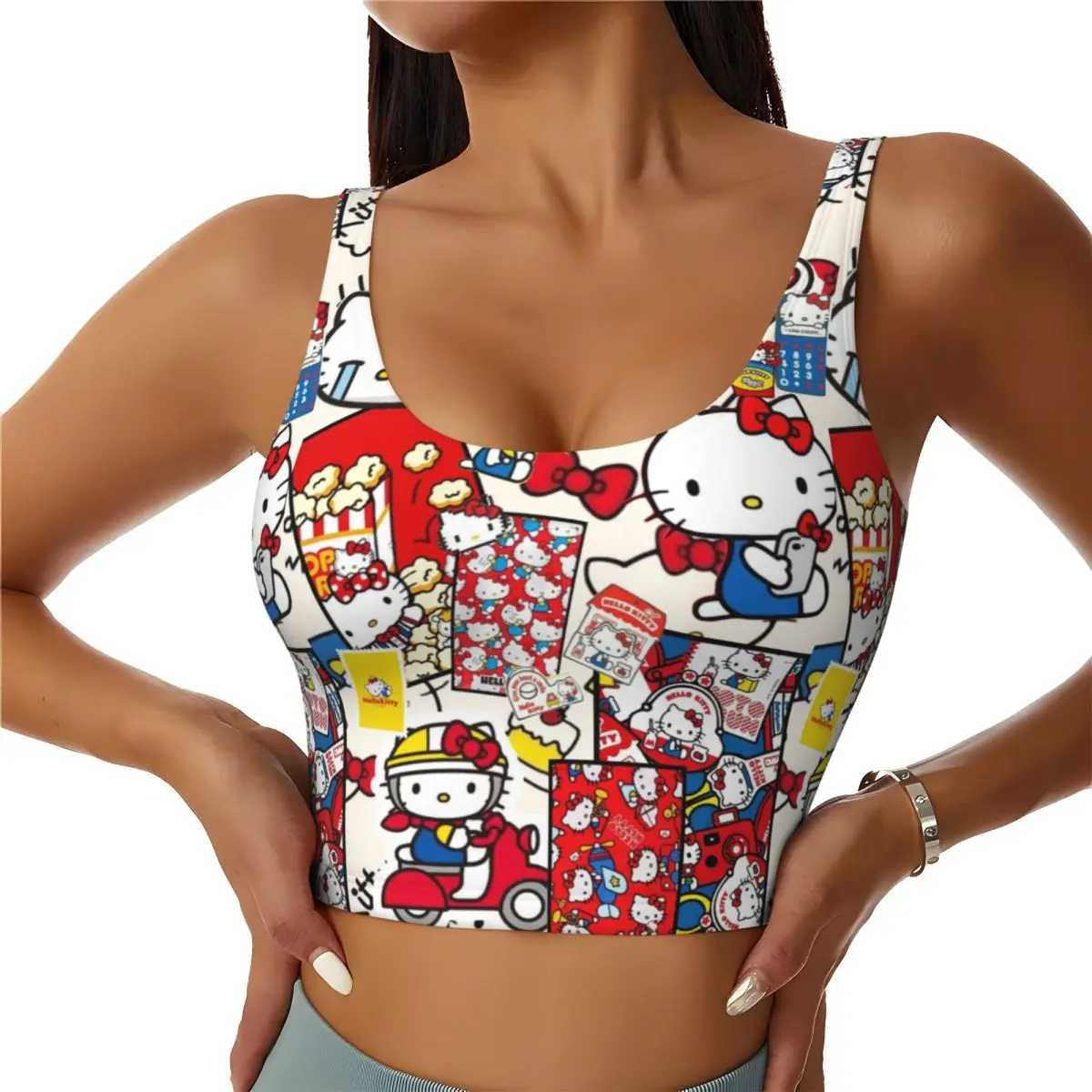 

Custom Women Pink Hello Kitty Cats Cartoon Sports Bras High Impact Gym Workout Running Crop Tank Tops