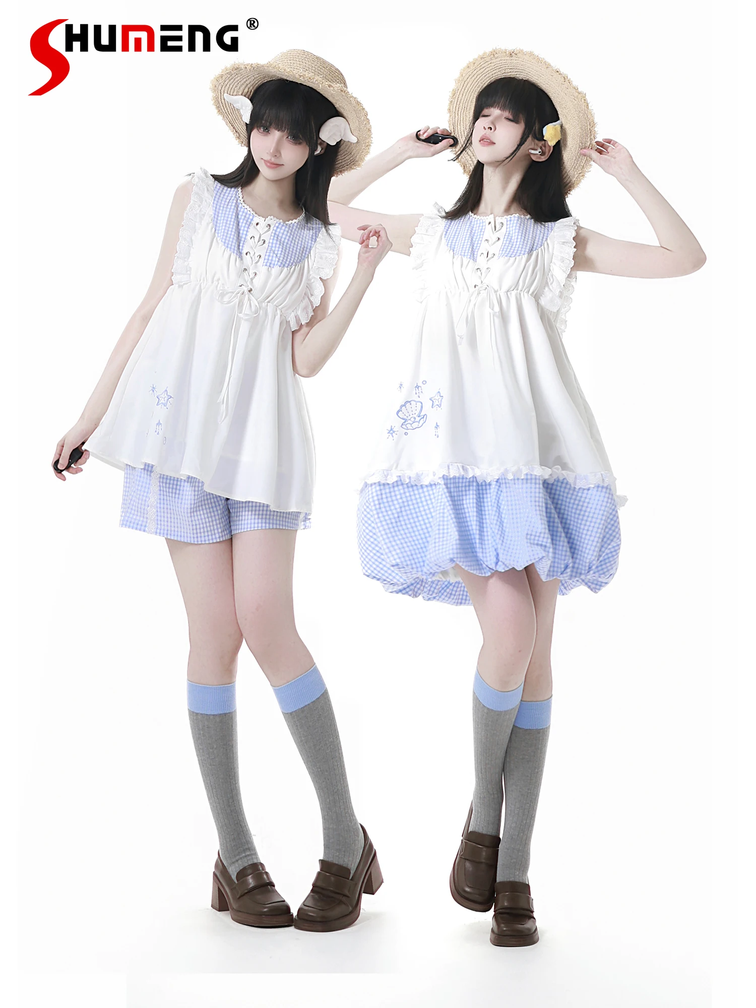 

Fashion Highstreet Sweet Cool Girl Y2K Dress Round Neck Lace-up Sleeveless Embroidery Loose Plaid Splicing Bud Short Dress Women