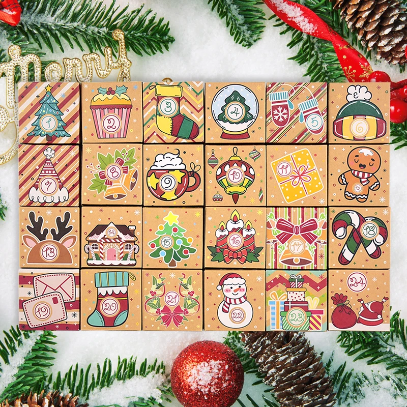 24pcs Christmas Advent Calendar Box Kraft Paper Candy Box 24 Days Countdown To Xmas Kraft Paper Gift Box New Year 2025 Navidad