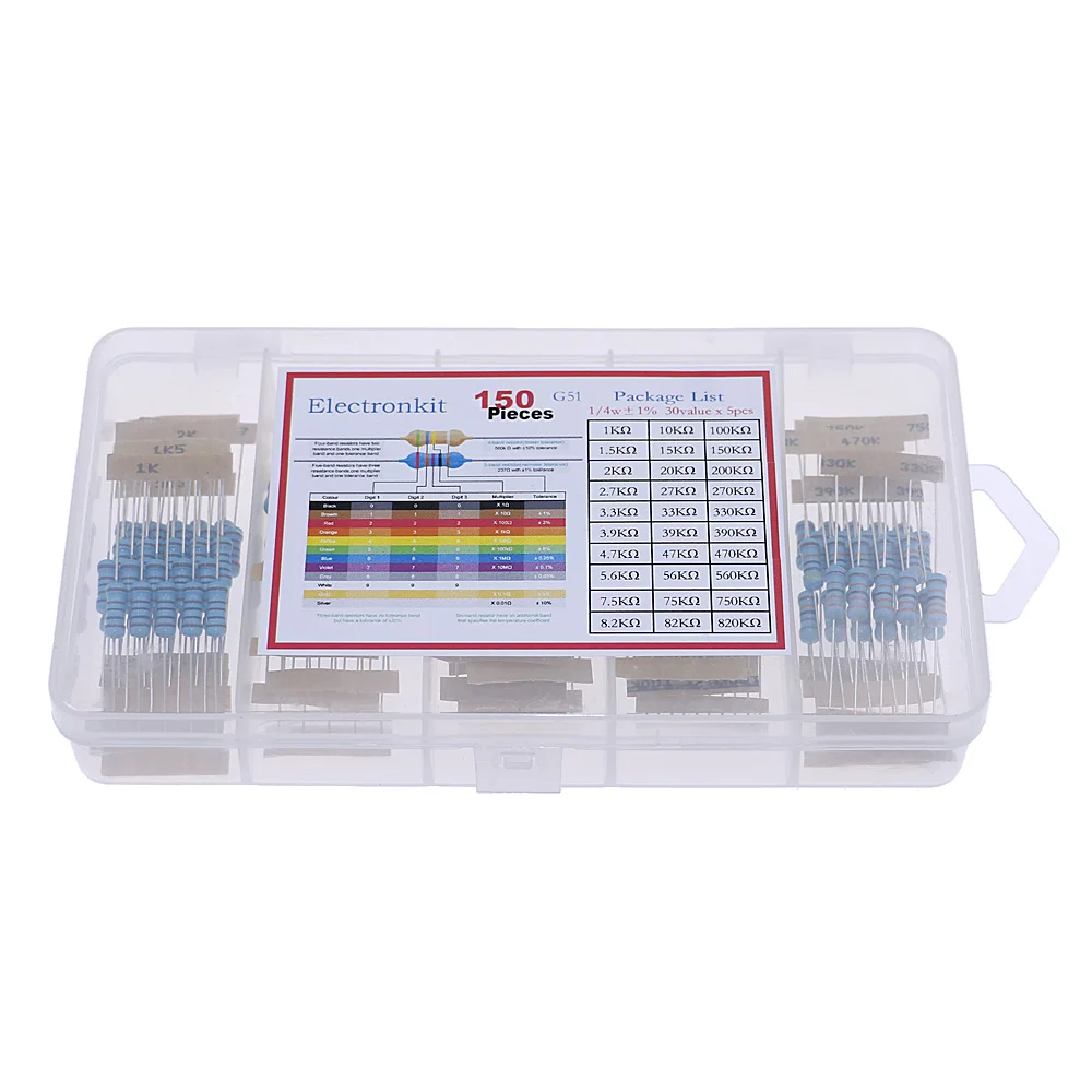 150pcs/Box 30values 1K- 820K ohm 1% 1W Metal Film Resistor Assorted Kit Set