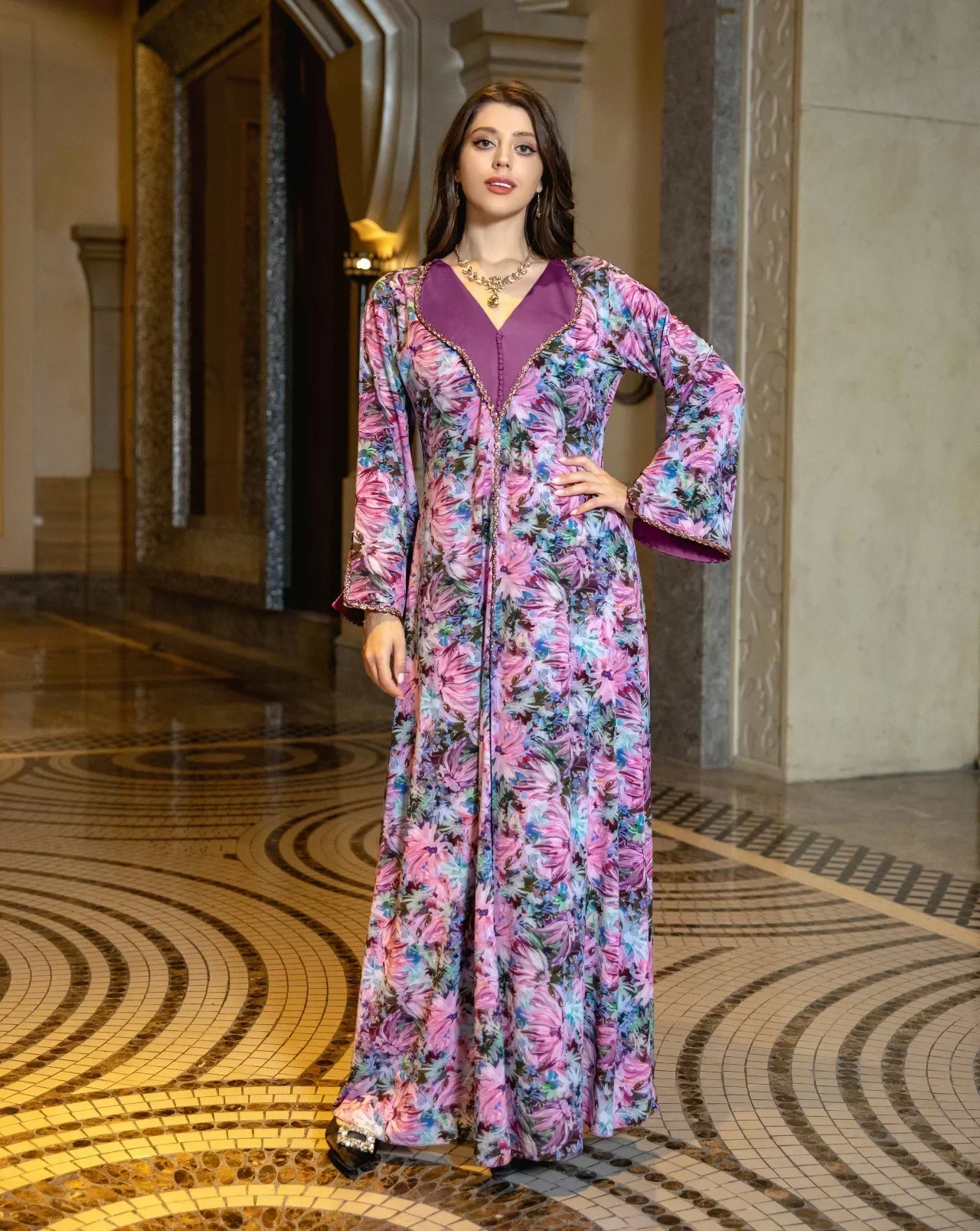 Eid Satin Lapel Women Abaya Diamond V-neck Long Dress Jalabiya Split Sleeves Loose Robe Retro Floral Print Caftan Party Vestidos