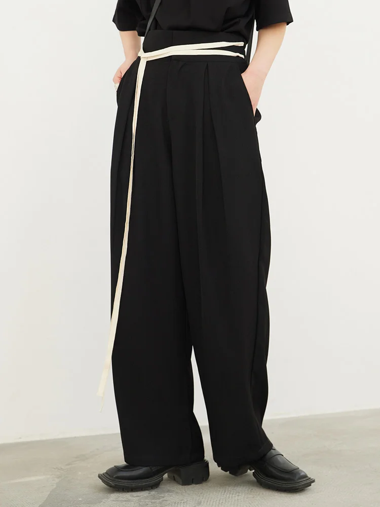 [EAM] High Waist Black Bandage Color-block Long Wide Leg Pants New Loose Fit Trousers Women Fashion Spring Autumn 2024 1DF3665