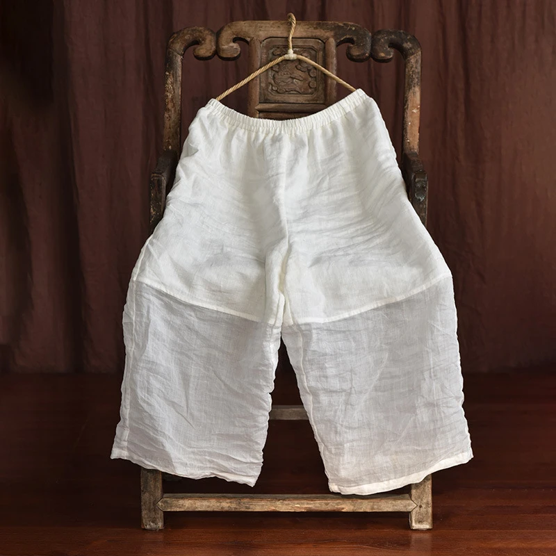 100% الكتان المرأة عادية بنطال ذو قصة أرجل واسعة جديد 2025 الصيف خمر نمط المرقعة اللون فضفاض الإناث الكاحل طول السراويل T476