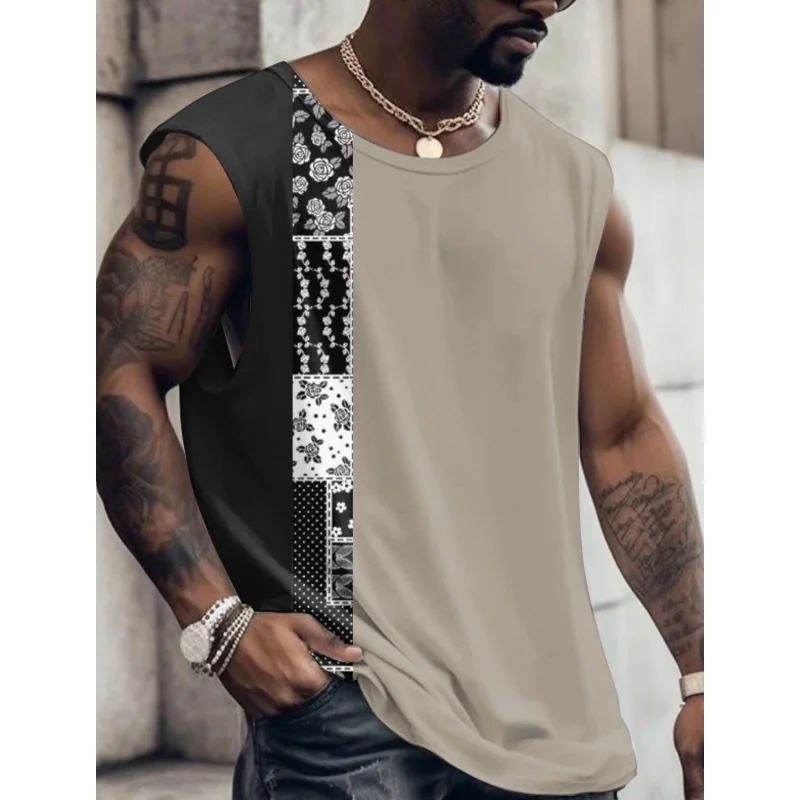 Printed Retro Striped Tank Tops For Man Colorful Splicing Pattern Tees Summer Casual Vest Oversized Sports Street Tank y2k Top