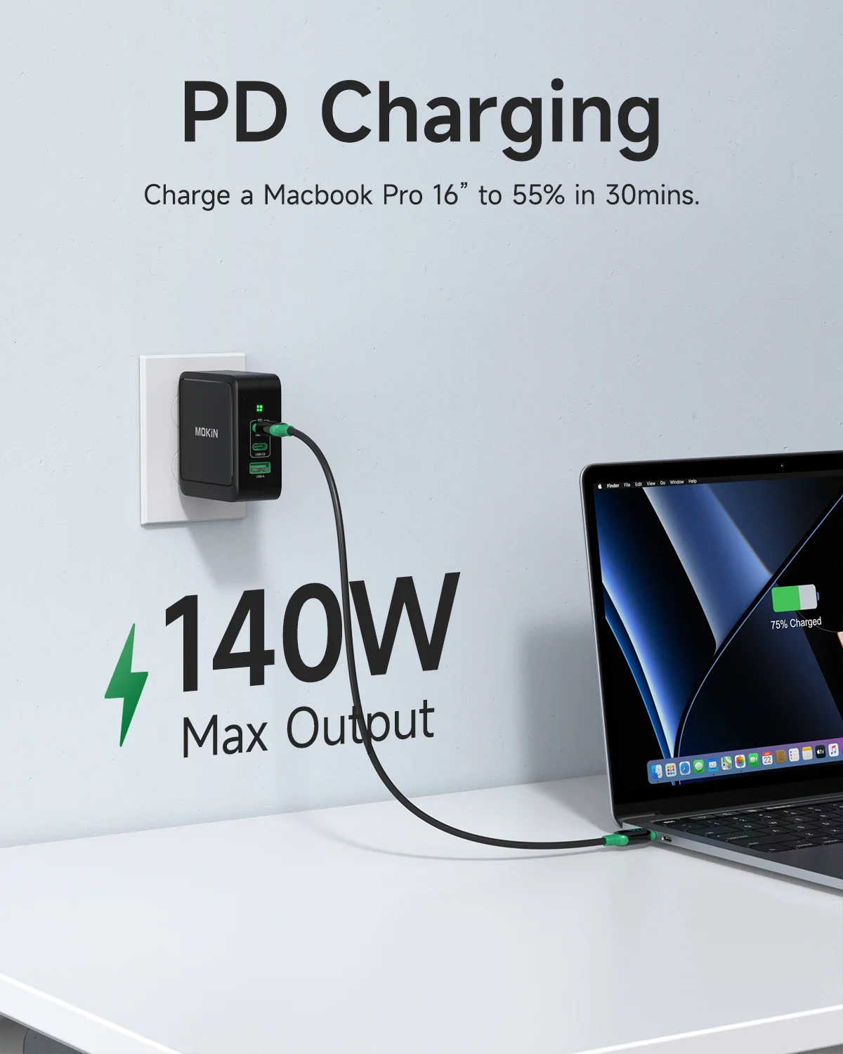 MOKiN GaN 140W Fast Charging USB Type C Charger PD 3.1 Wall Charge Adapter for iPhone Xiaomi Huawei Samsung EU/UK Foldable Plug