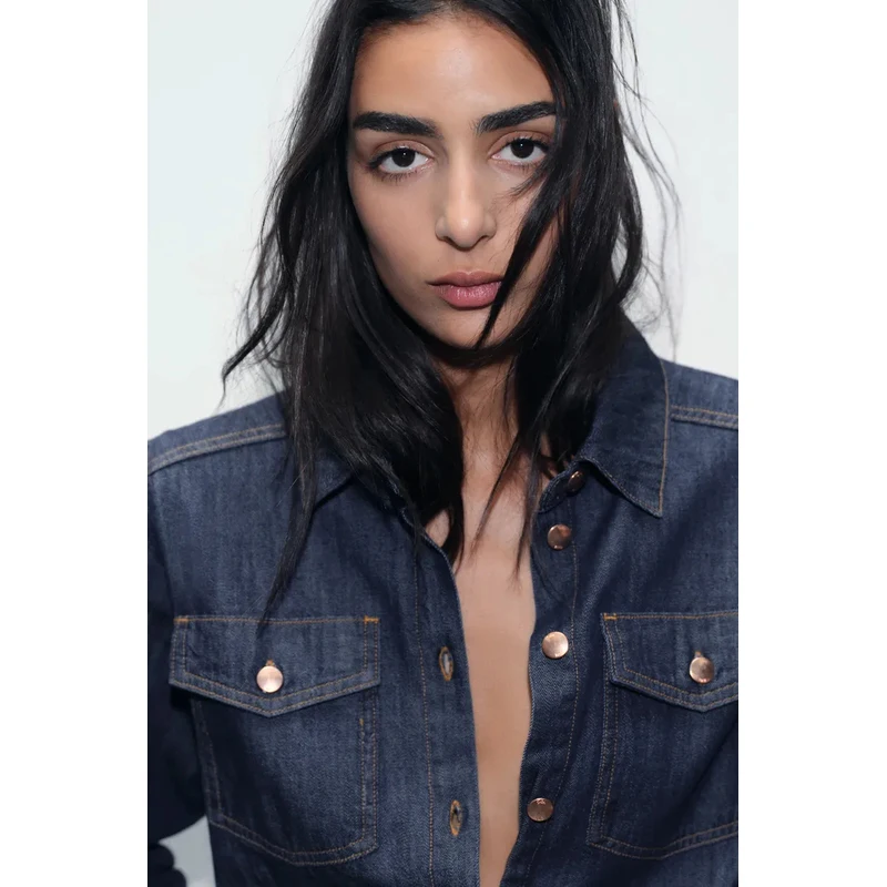 ample Long Sve Denim irt femmes décontracté trajet Sle simple rangée plusieurs boutons col Simple fibre de Polyester 00%