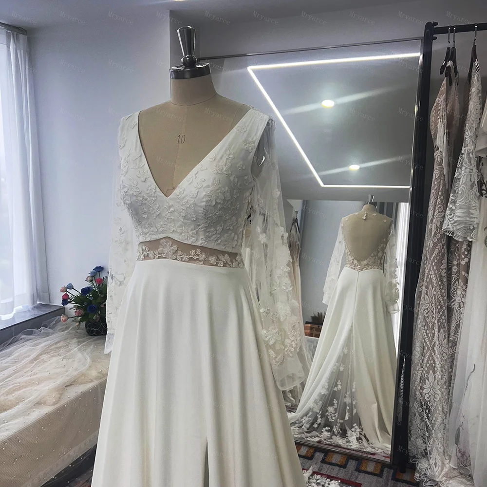 Mryarce Eleganz 3d Blumen v Hals eine Linie Seite Schlitz Brautkleider Brautkleider mit abnehmbaren Ärmeln – Detail 8