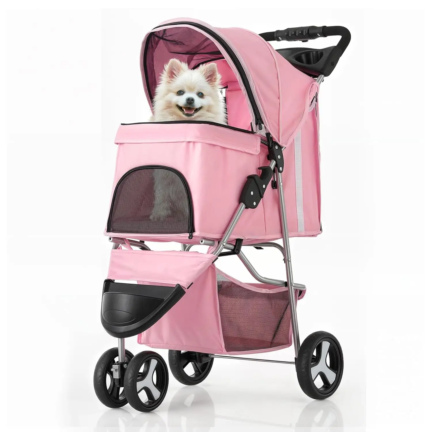 

3-Wheels Foldable Pet Stroller with Waterproof Cover, Pet Strolling Cart for Small/Medium Dogs and Cats with Storage Basket