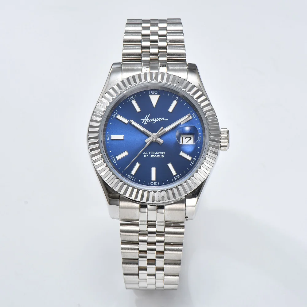 HUAYRA Fashion Luxury Automatic Machinery quadrante blu orologio in acciaio inossidabile per il tempo libero calendario impermeabile orologio da uomo fibbia pieghevole