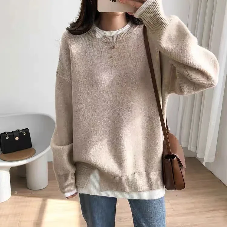 

Loose Fit Sweater round Neck Thick Long Sleeve Padded Color Block Quality Casual Style Autumn 2025 Women's Sheep Cashmere