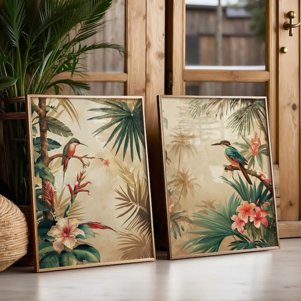 2 Frameless Retro Plant Bird Posters,Tropical Flower Plant Prints,Retro Decoration,Exotic Flower Decoration,living Room Decor