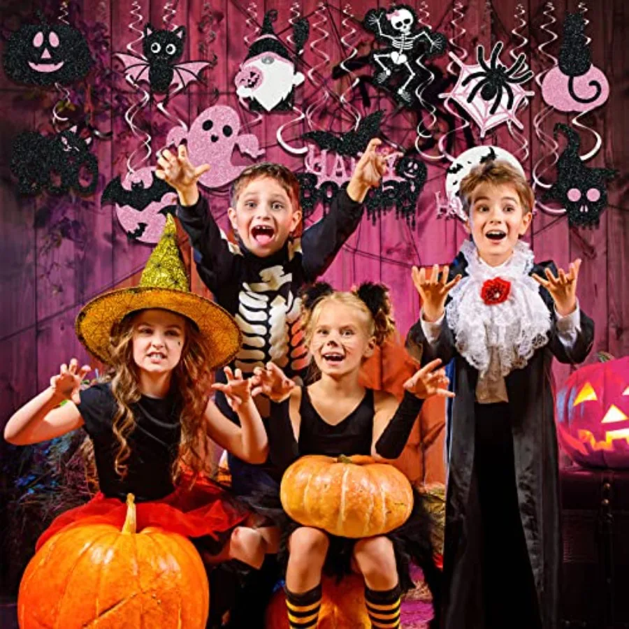 36 قطعة من زينة الدوامات المعلقة للهالوين للاستخدام الداخلي في الهواء الطلق، حلزونية دوارة للسقف Happy Boo Day مع غهو باللونين الأسود والوردي