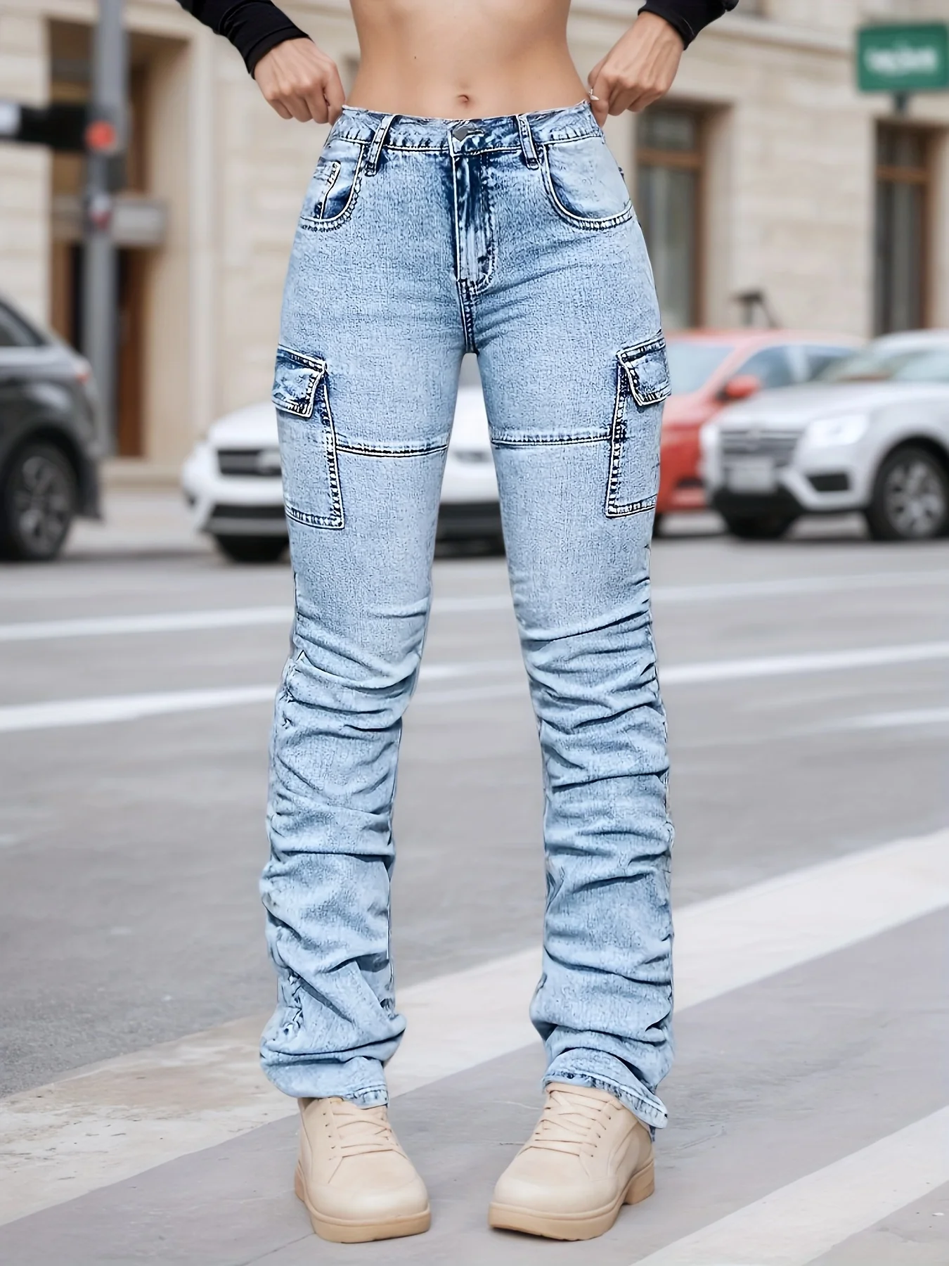 جينز نسائي كاجوال عالي الخصر، مصنوع من القطن الممزوج المرن، ويمكن غسلها في الغسالة، مريح في الارتداء #1