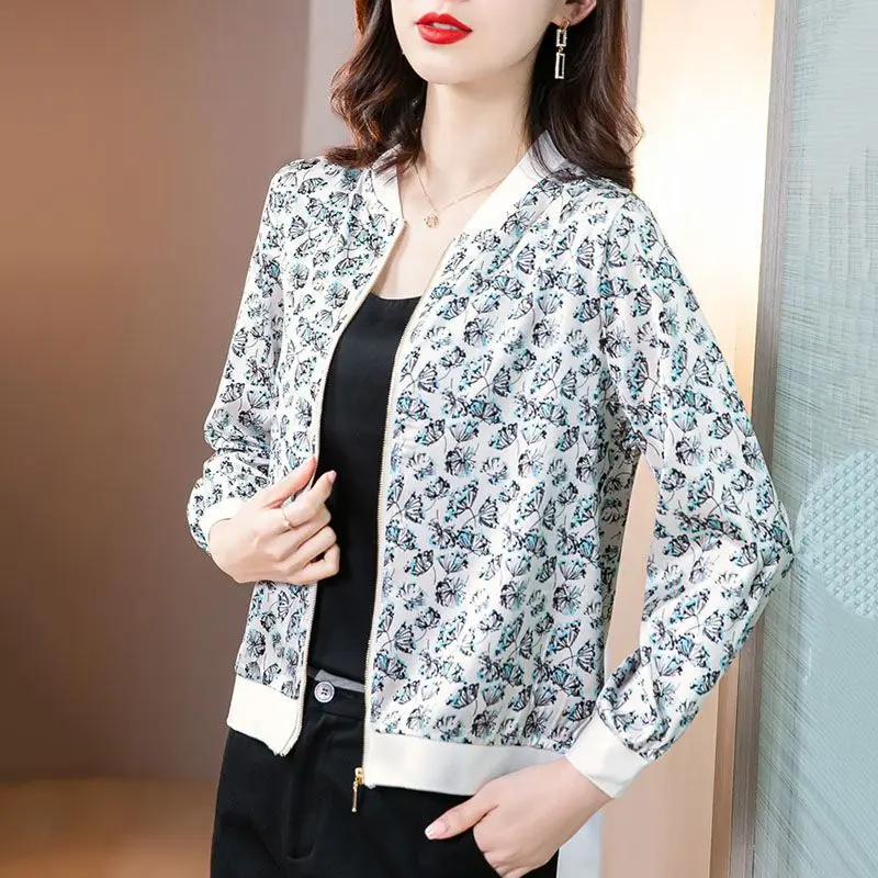 

​Loose Short Baseball Jacket for Women Floral Print Silk Long Sleeve Cardigan with Sun Protection Seasonal Outerwear​