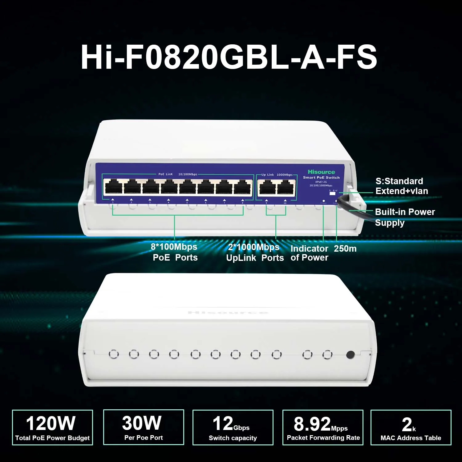 Hisource Outdoor Waterproof 6 8 9 Port POE Ethernet Switch Active 48V Support IEEE 802.3af/at Network Switch for IPC/Wireless AP