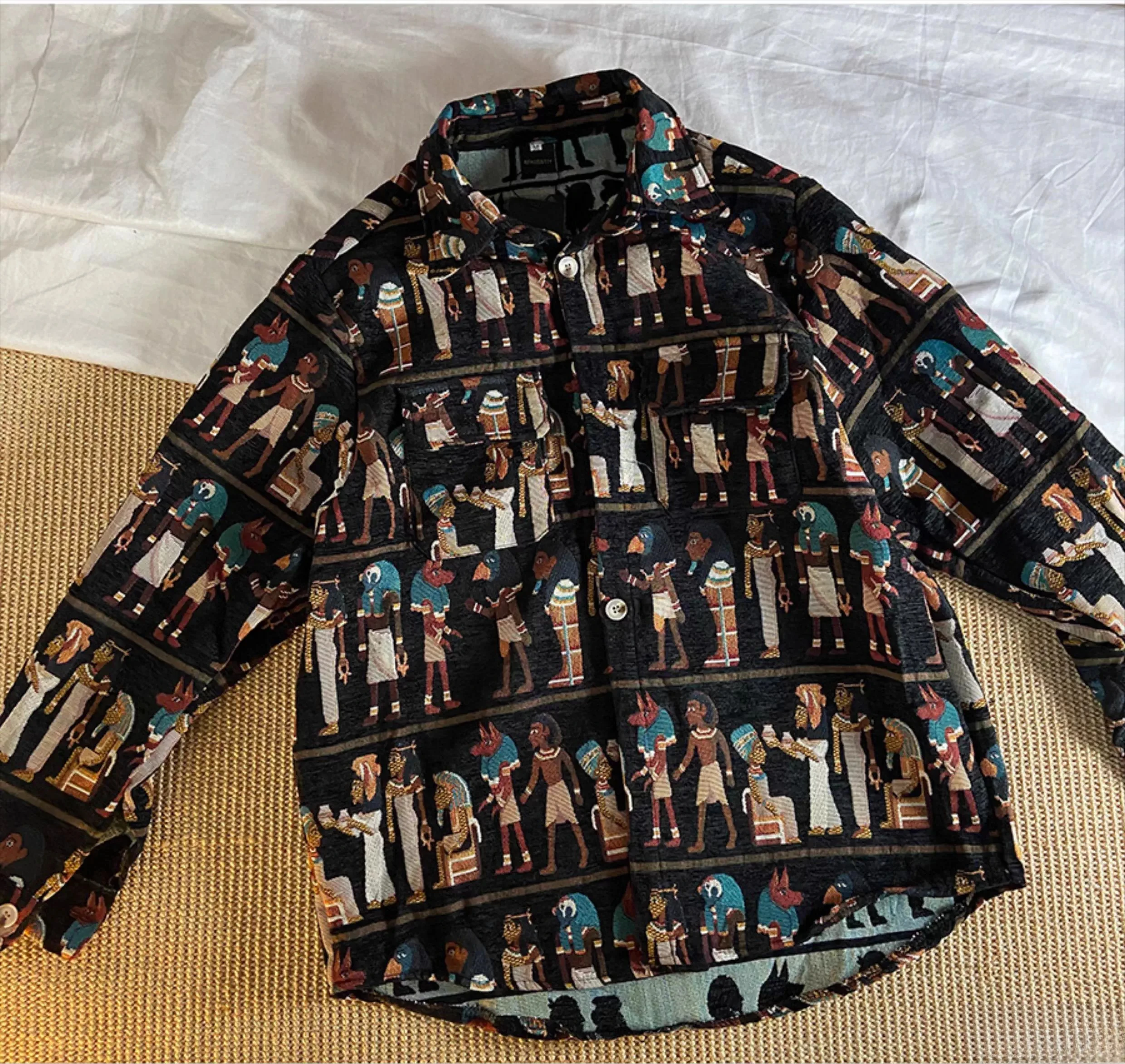 2025 Spring and Autumn New Embroidered Black Shirt Japanese Retro Style Men's Apricot Turn-down Collar Long Sleeve Loose Shirt